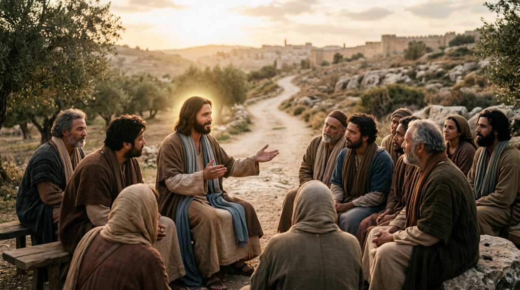 A man speaking to a group of people seated outdoors on benches and rocks during sunset